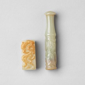 A nephrite scabbard part and a sculptured object, Qing dynasty or older.