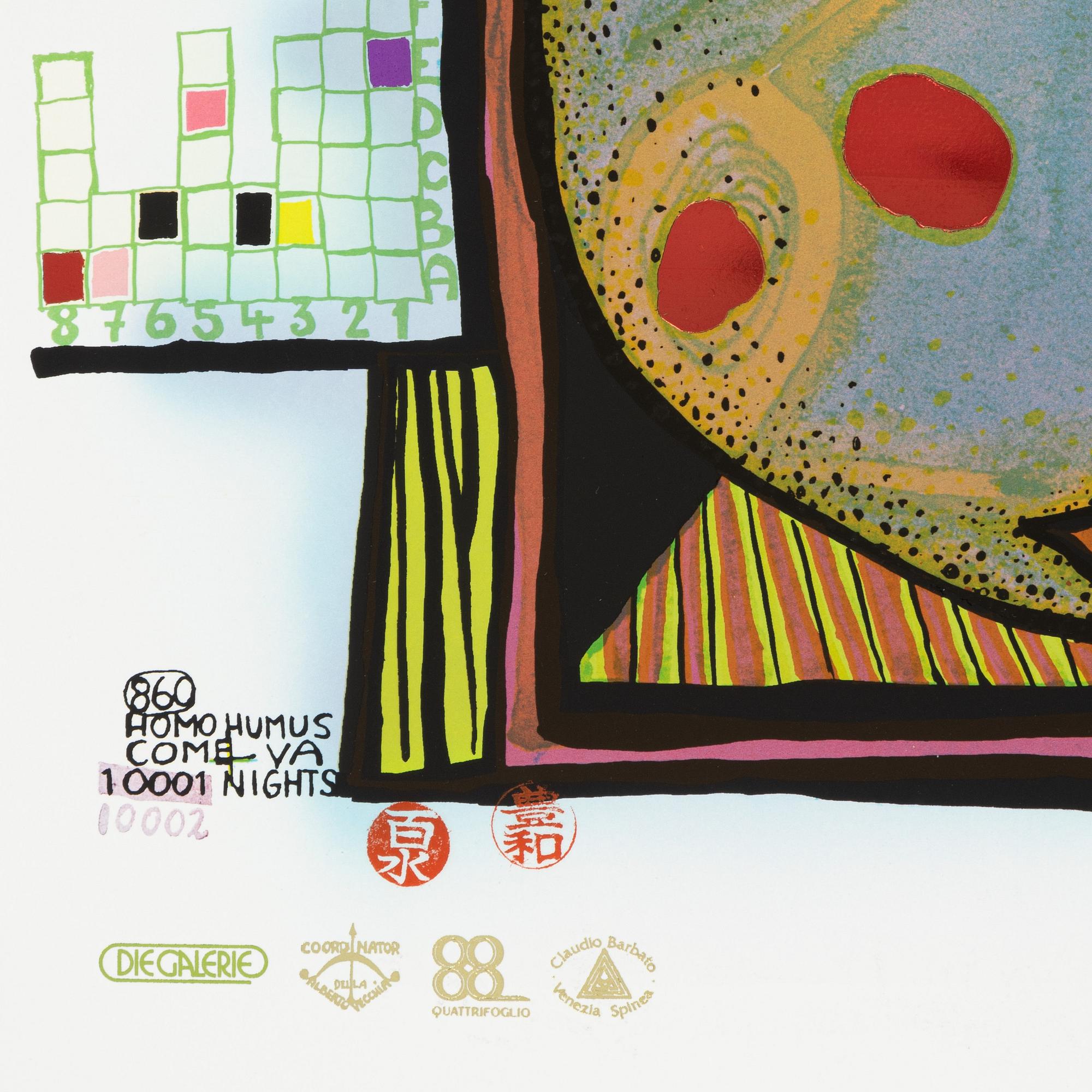 Friedensreich Hundertwasser, photo lithograph and silk screen with metal embossing, 1984. Signed and numbered 6354/10002.