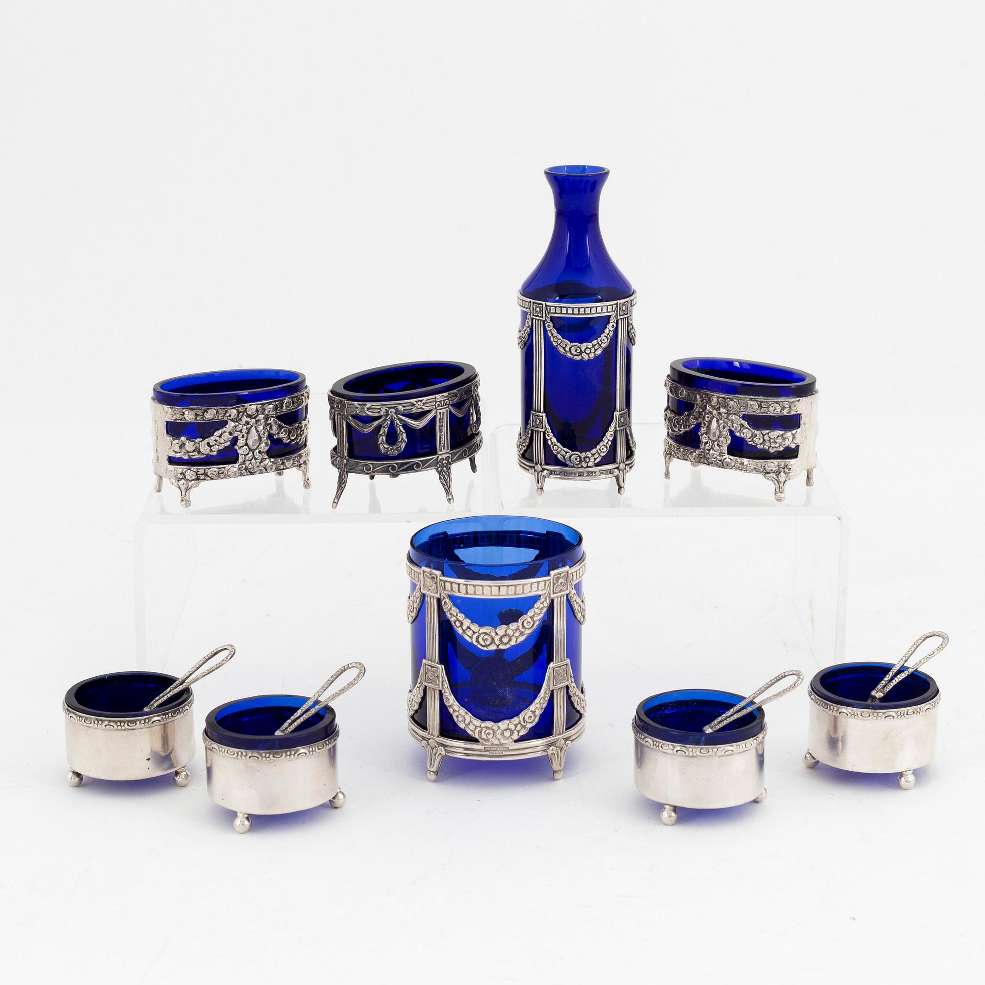 An 8-piece glass and silver late Gustavian style condiment set, including MEMA, Linköping, 1967.
