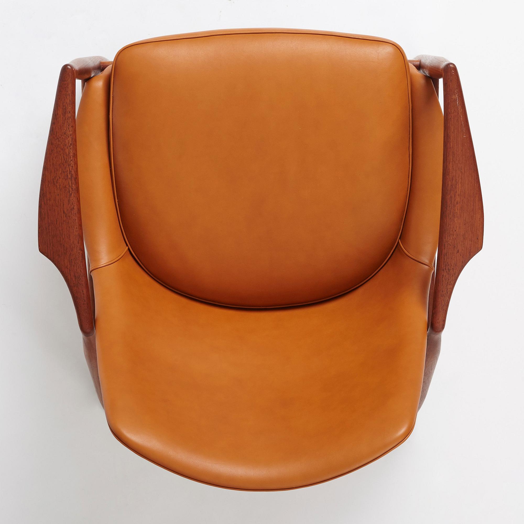 Ib Kofod-Larsen, a teak and brown leather 'Sälen' easy chair, OPE Möbler, Jönköping 1950s.