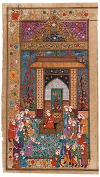 ALBUMBLAD, två stycken, bläck och färg på papper med förgyllda detaljer. Indien, 1800-tal.