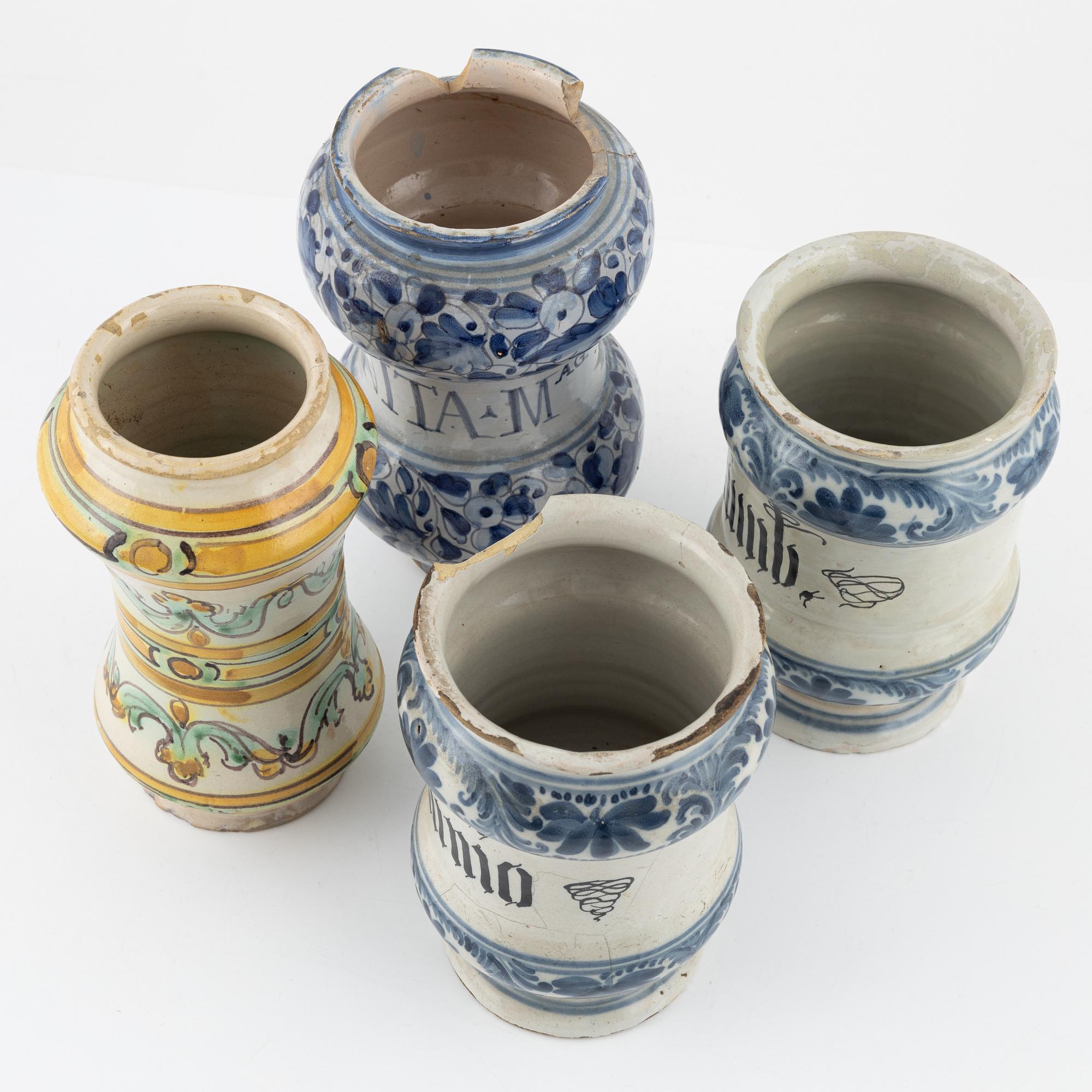 Seven earthenware apothcahry jars, southern Europe, 18th/19th century.