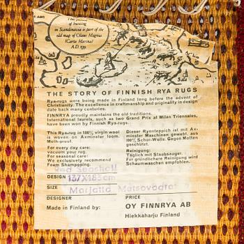Marjatta Metsovaara, ryijymatto, Oy Finnrya Ab. Noin 185 x 135 cm.