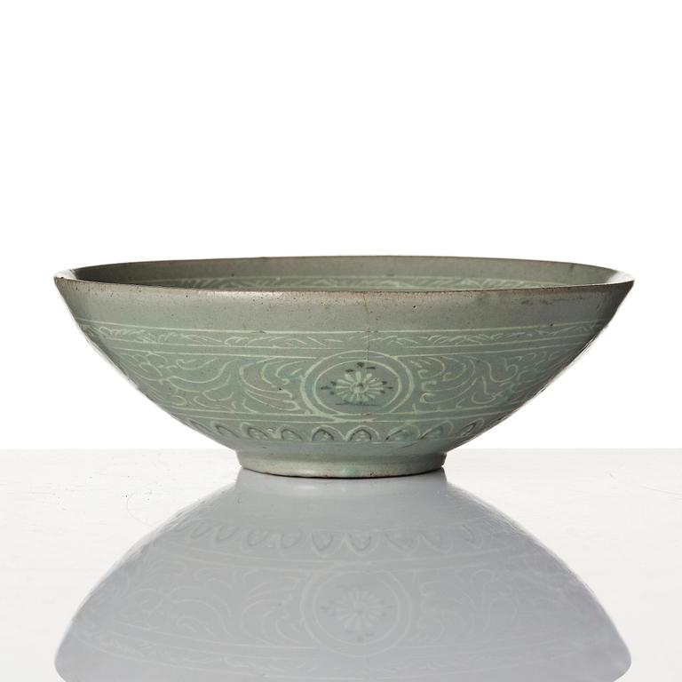 A celadon glazed slip-decorated bowl, Korea, Goryeo, 12/13th century.