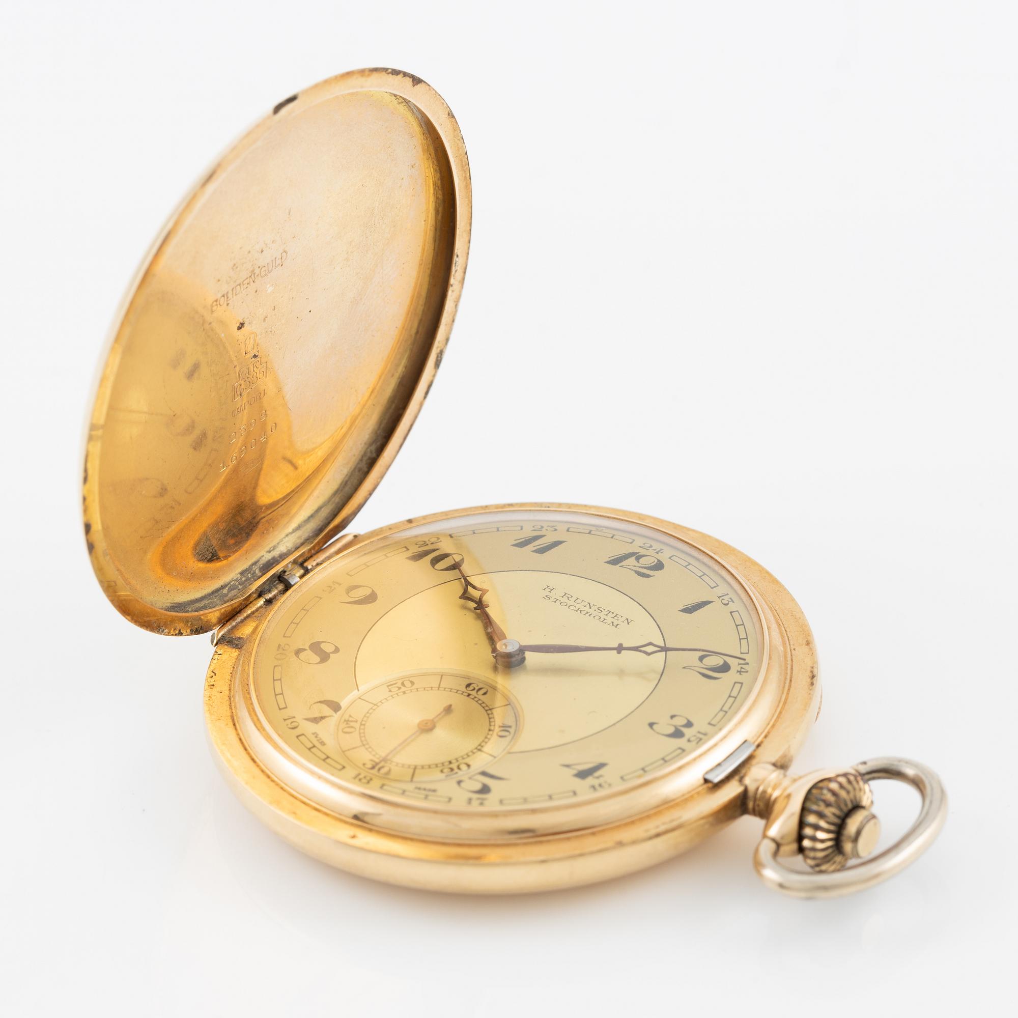 Pocket watch, H. Runsten Stockholm, lever escapement, including a ring in 18K gold.