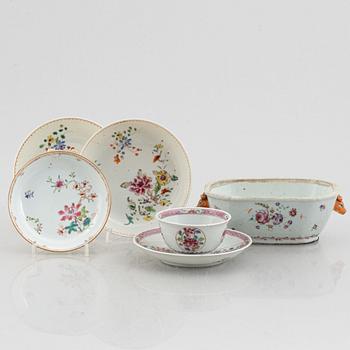 A famille rose cup with saucer, tureen without cover, and three dishes, porcelain, Qing dynasty, 18th century.