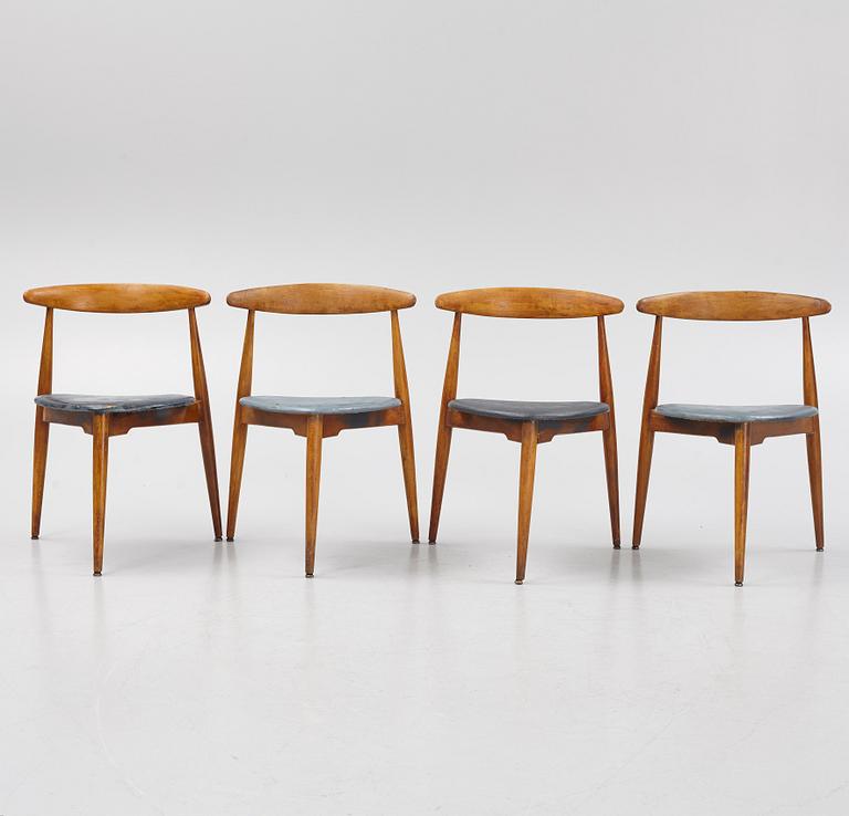 Hans J Wegner, stolar, 4 st, "Hjertestolen". Fritz Hansen, Danmark, 1940/50-tal.