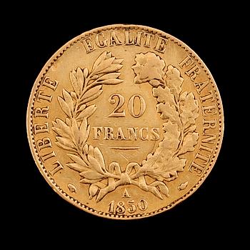 GULDMYNT, 20 franc, Frankrike 1850. Vikt ca 6 gram.