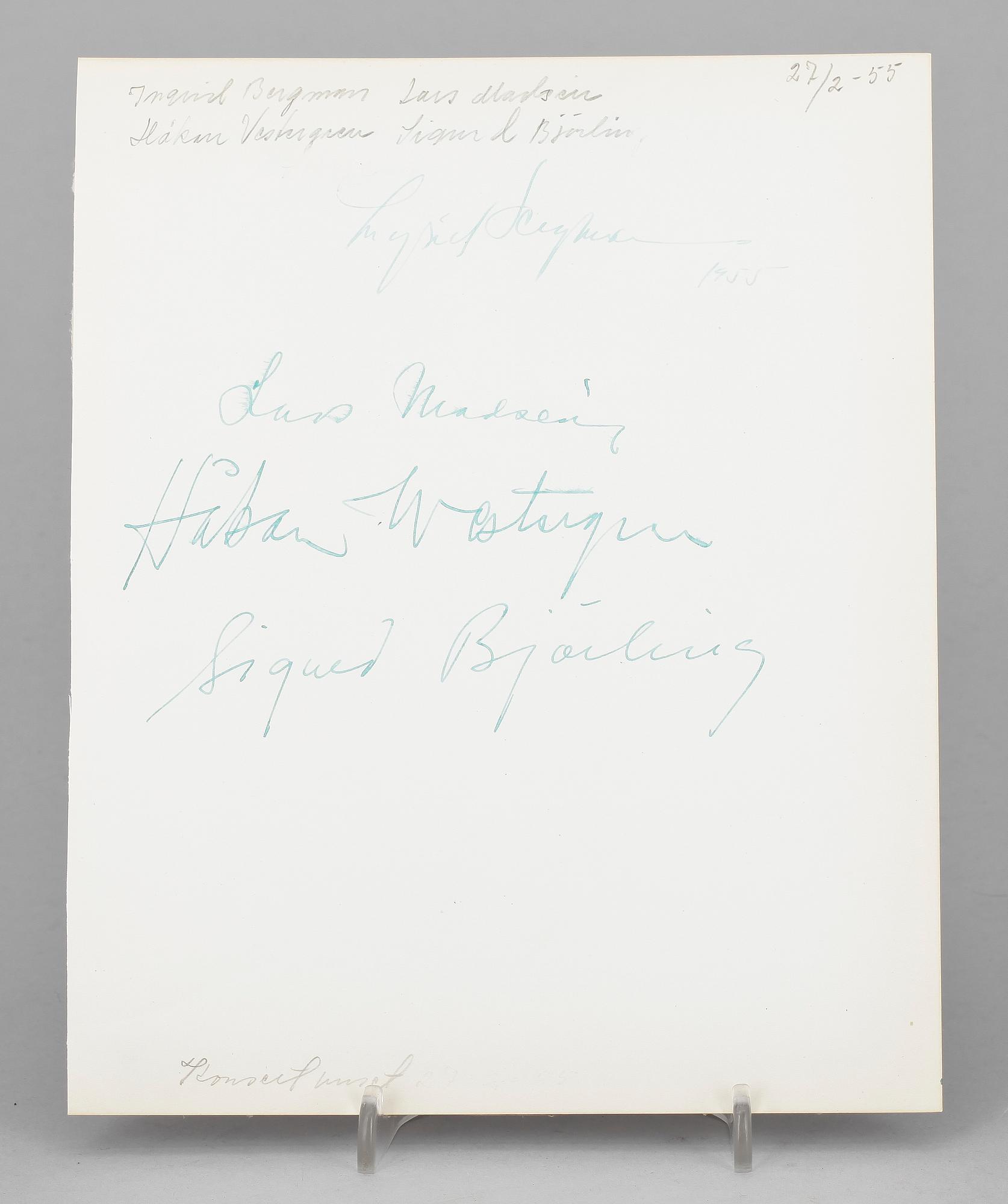 AUTOGRAFER, 14 st, filmstjärnor och musikartister, egenhändiga av bla Ingrid Bergman 1955.