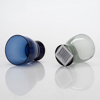 Saara Hopea, two glass carafes and twelve drinking glasses, Nuutajärvi, Finland. Design years 1959 and 1958.