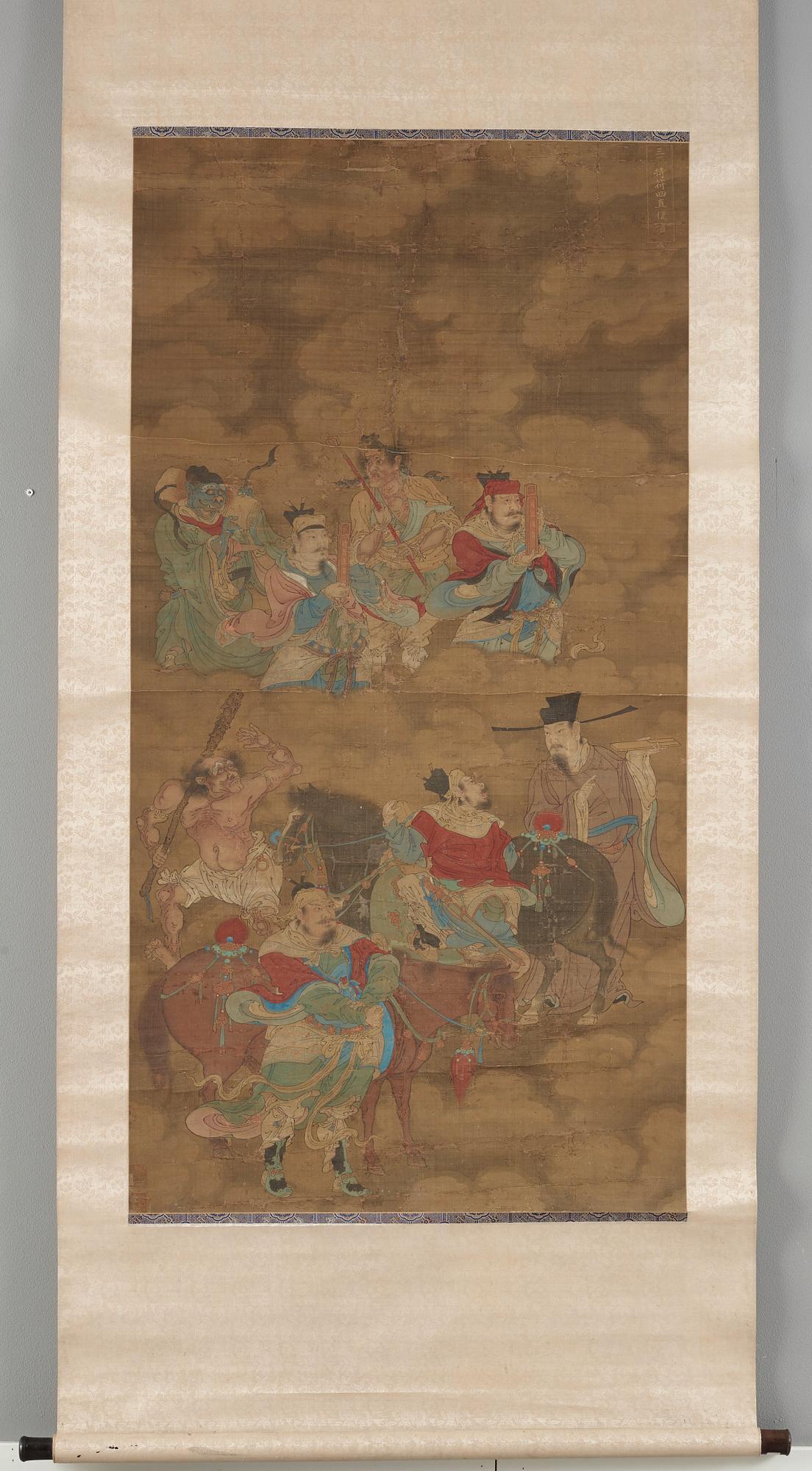 A fine daoist painting of gods holding written spells,  attendants and horsemen, Ming dynasty, 17th century.