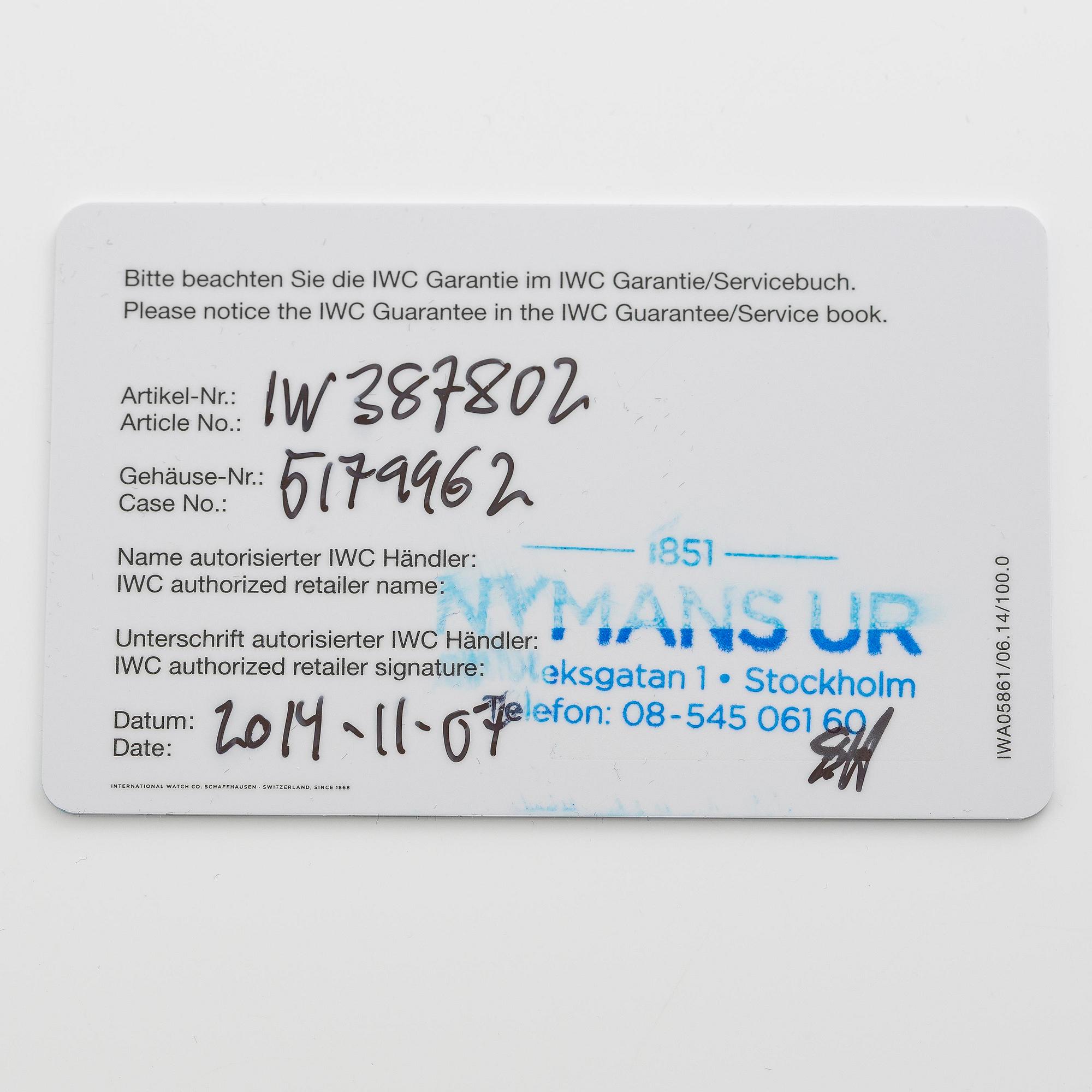 IWC, Schaffhausen, Pilot's Watch, Spitfire Chronograph, "flyback", ca 2014.