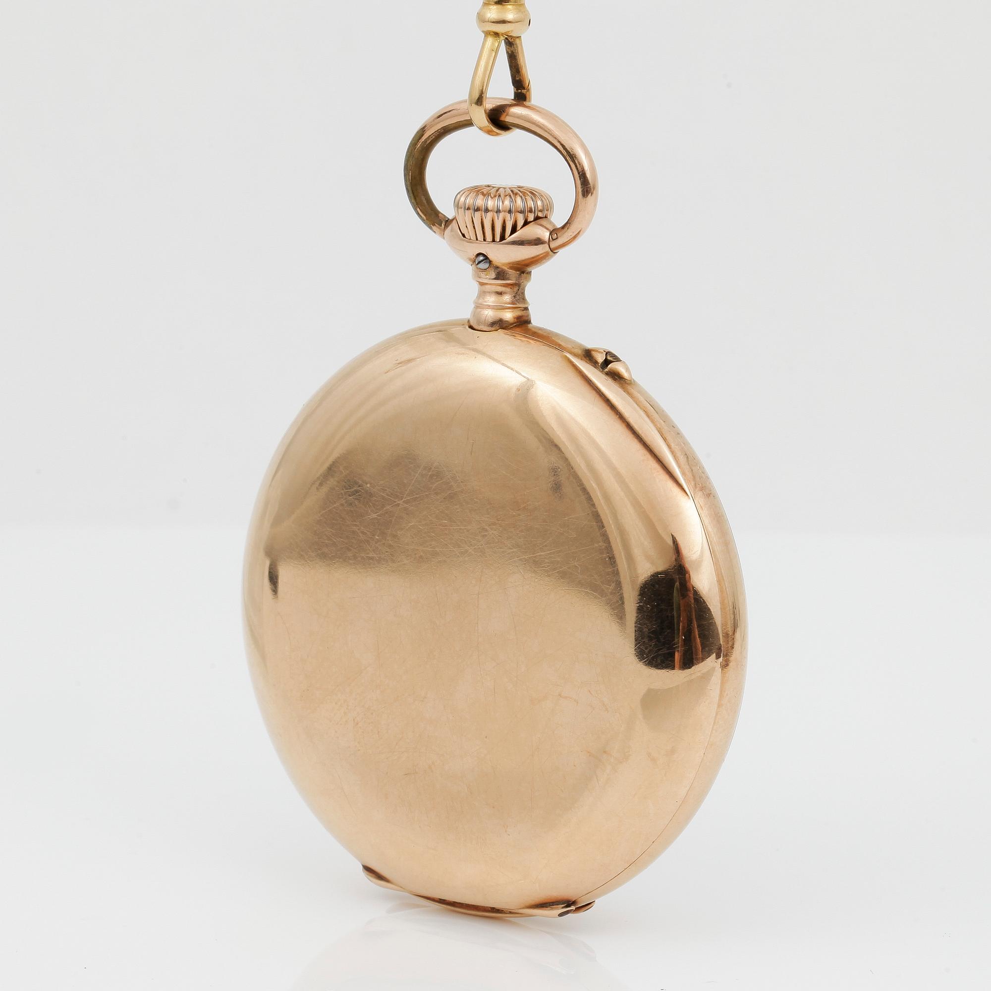 FICKUR, 14K Guld, boett och urverk märkt IWC, 1900-talets första hälft. Totalvikt 91,5 gram.