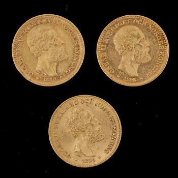 GULDMYNT, 3 st, 10 Kronor, Oscar II, Sverige-Norge 1880, 1894 resp 1895. Tot ca 14 gram.