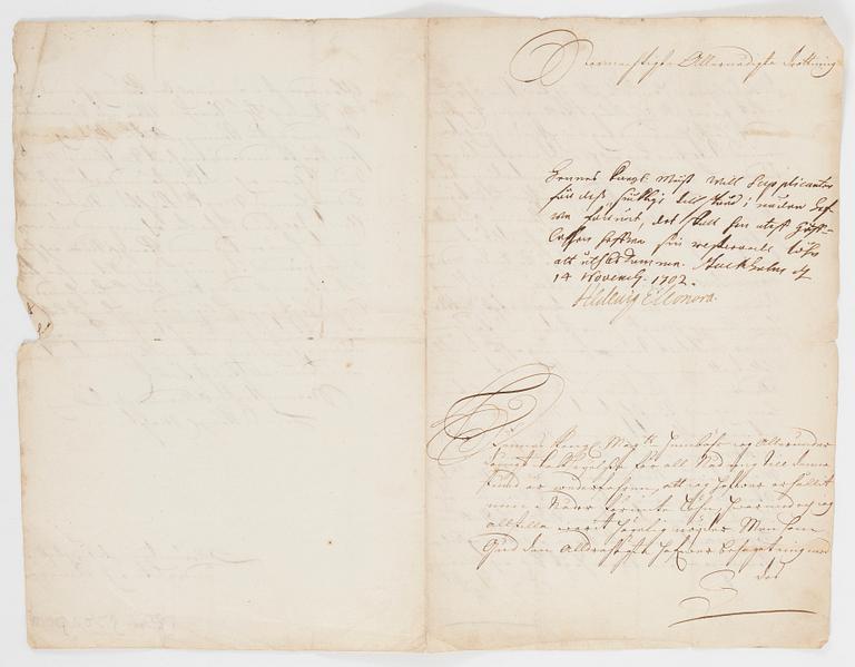 DROTTNING HEDVIG ELEONORA (1636-1715), egenhändigt signerat dokument, daterat Stockholm 14 november 1702.