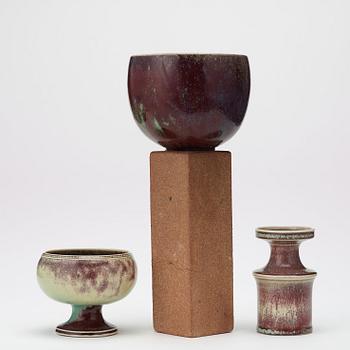 Stig Lindberg, two footed bowls and a vase, Gustavsberg studio 1976-80, the larger vase not signed.