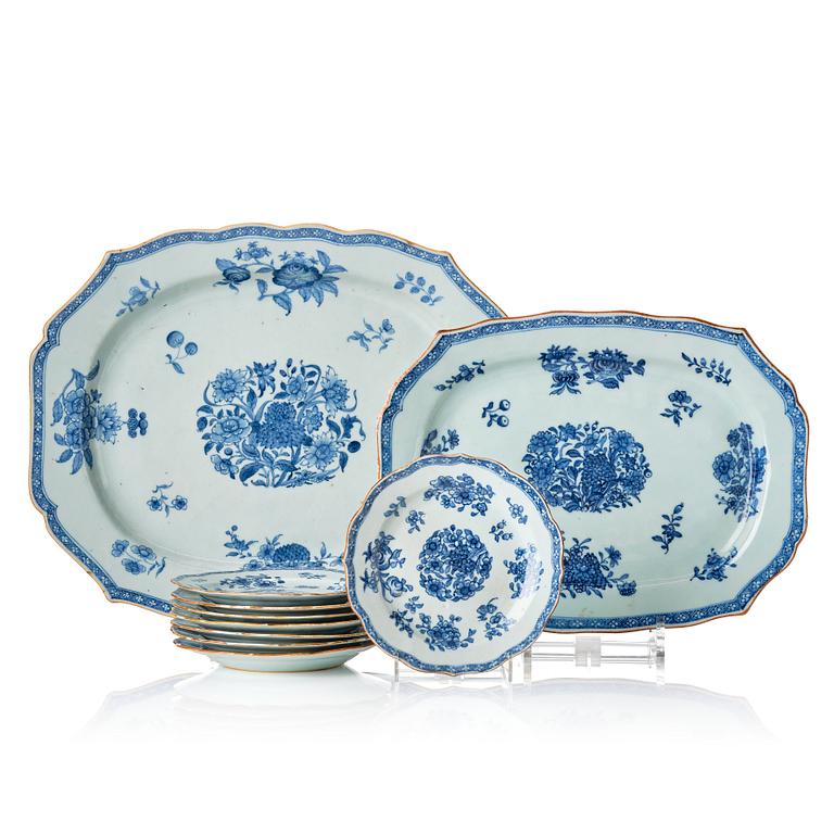 A set of two blue and white serving dishes and eigth dessert dishes, Qing dynasty, Qianlong (1736-95).