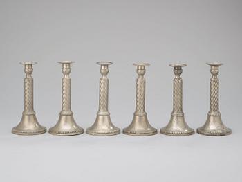 A set of six Gustavian pewter candlesticks by E. P. Krietz, master 1753.