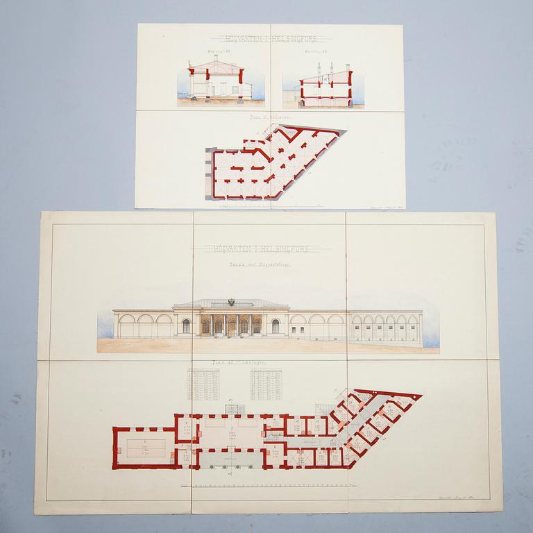 ARKITEKTRITNING, 2 st, akvareller, daterad 1893 i Helsingfors.