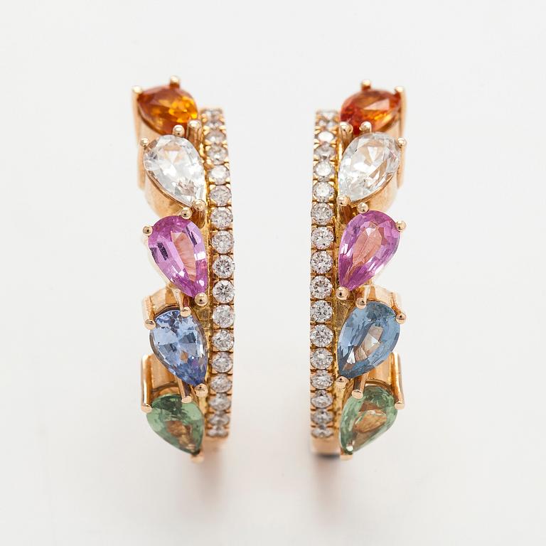 A pair of multicolour sapphire and brilliant cut diamond earrings in 14K gold.