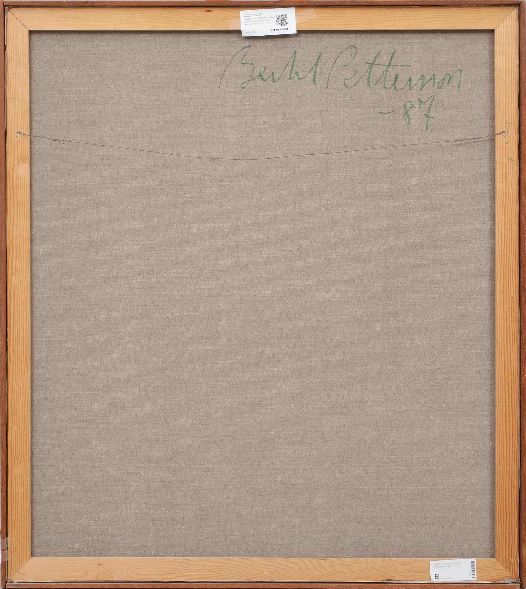 BERTIL PETTERSSON, Olja på duk, monogramsign samt sign a tergo, dat 87.