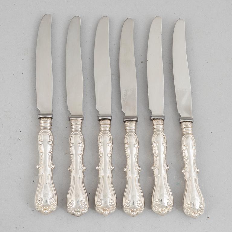 Gustaf Möllenborg-Féron, six silver table knives, model 'Prins Albert', Stockholm 1864-1880.