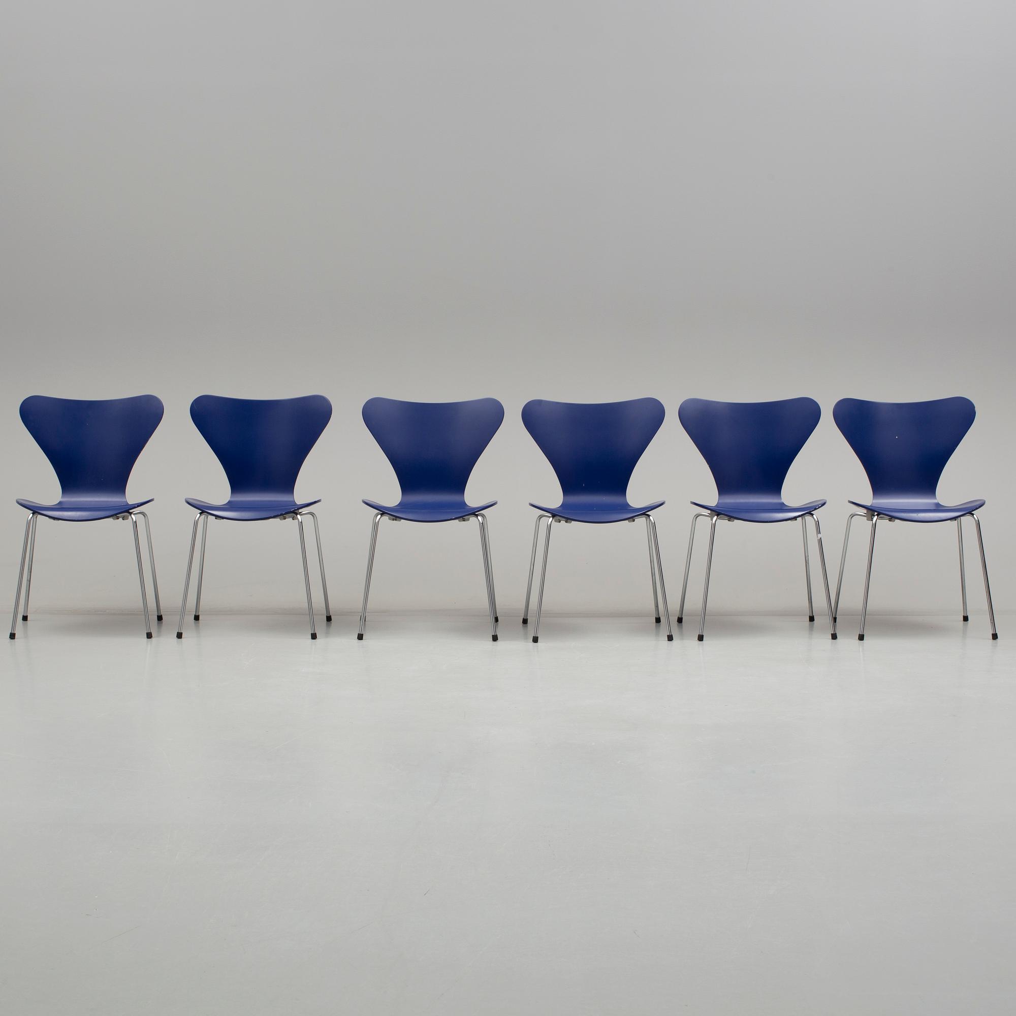 ARNE JACOBSEN, stolar, "Sjuan", 6 stycken, Fritz Hansen, 1900/2000-tal.