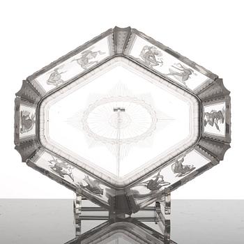Simon Gate, an hexagonal engraved bowl, Orrefors, Sweden 1922, engraved by Richard Bayer, model nr 237.