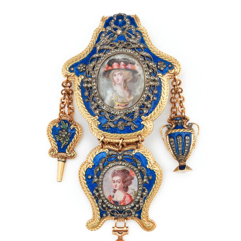 Chatelaine med fickur, 18K guld , emalj och stenar, Paris efter 1838, Louis XVI-stil.