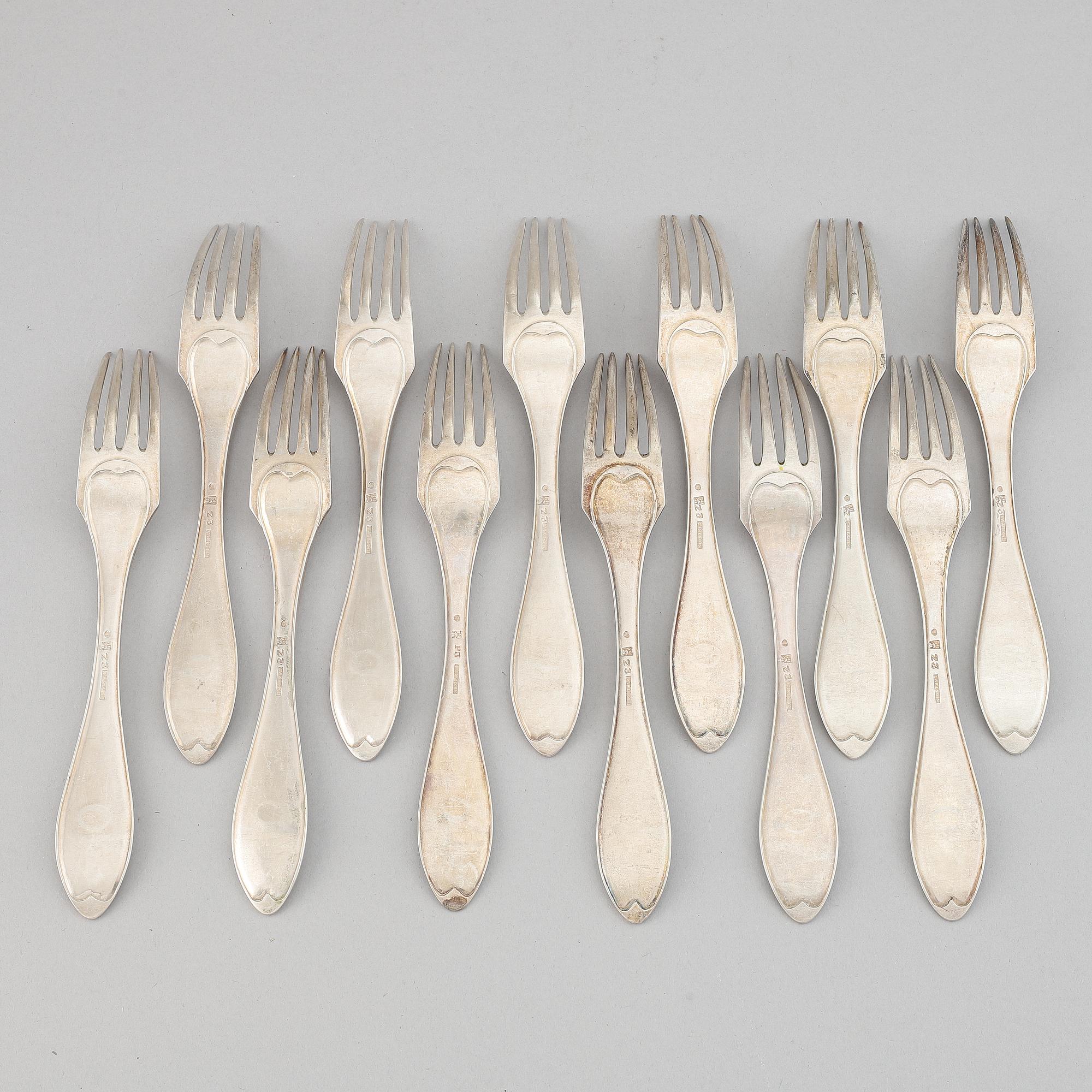 Twelve silver forks by Johan Carlsson, Norrköping, 1821-30.