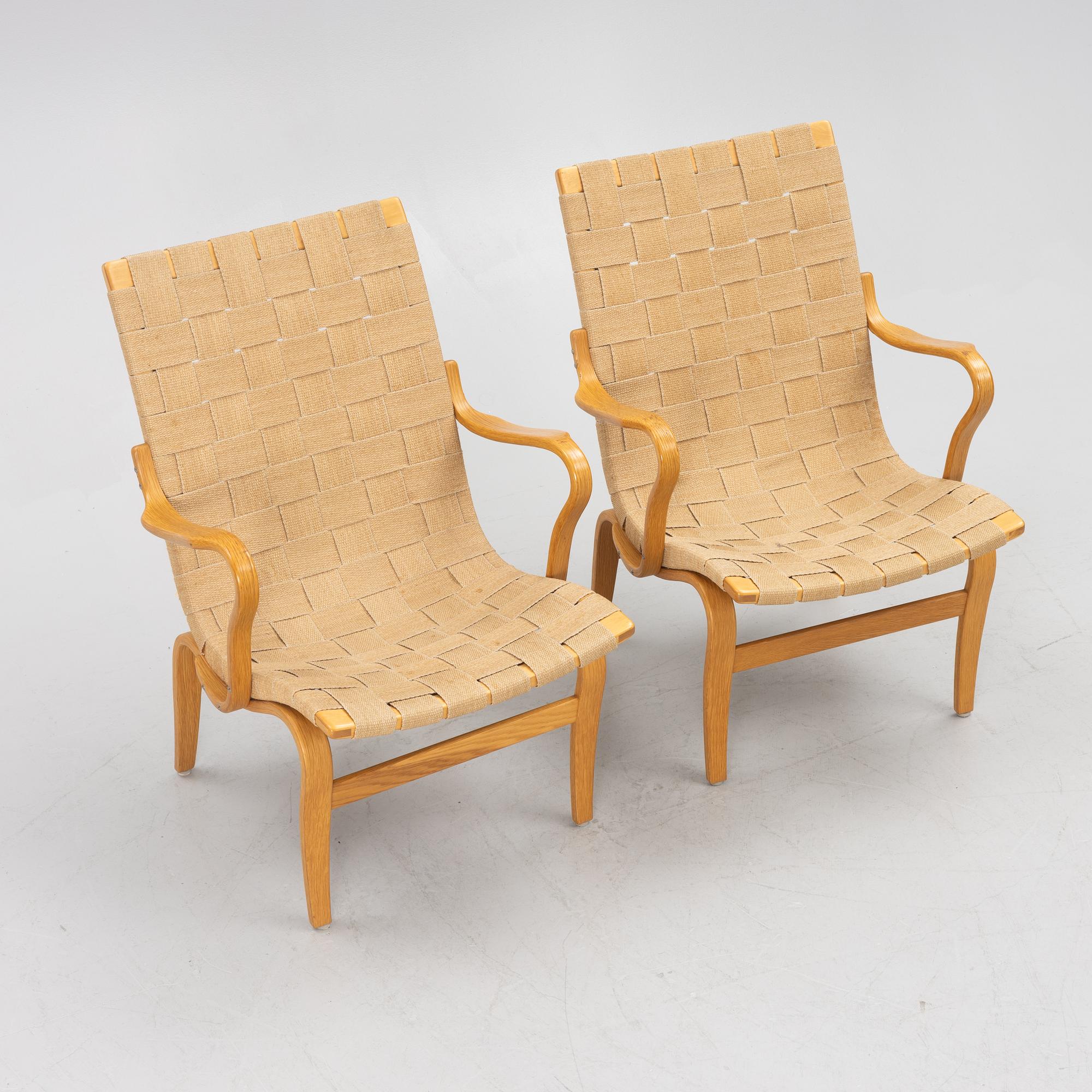 Bruno Mathsson, a pair of 'Eva' armchairs, Firma Karl Mathsson, Värnamo, 1973.