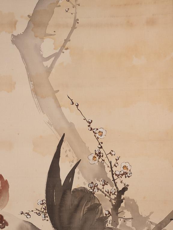 Rullmålningar, två stycken, tusch och färg på papper, Japan, tidigt 1900-tal. Samarbete mellan två konstnärer.