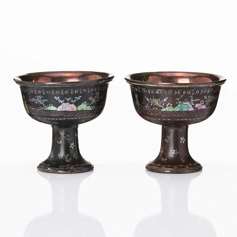 A pair of laque burgaute stem cups, Qing dynasty,