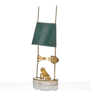 A late Gustavian gilt brass, marble and tole reading lamp, late 18th century.
