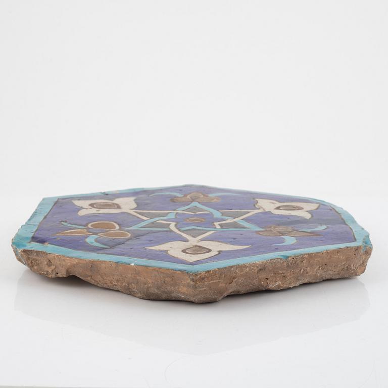 A glazed earthenware tile, Qajar dynasty Persia (Iran), 19th Century.
