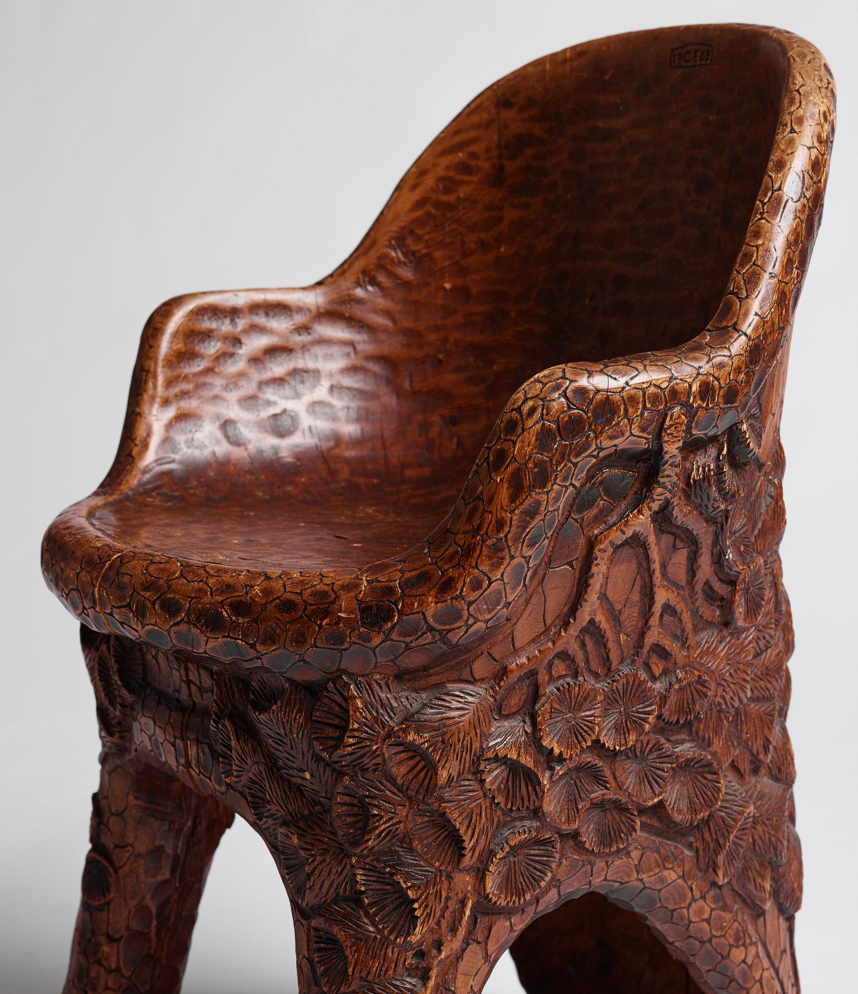 Gustaf Fjaestad, a sculpted Art Nouveau carved pine 'Stabbestol', Värmland, Sweden 1903.