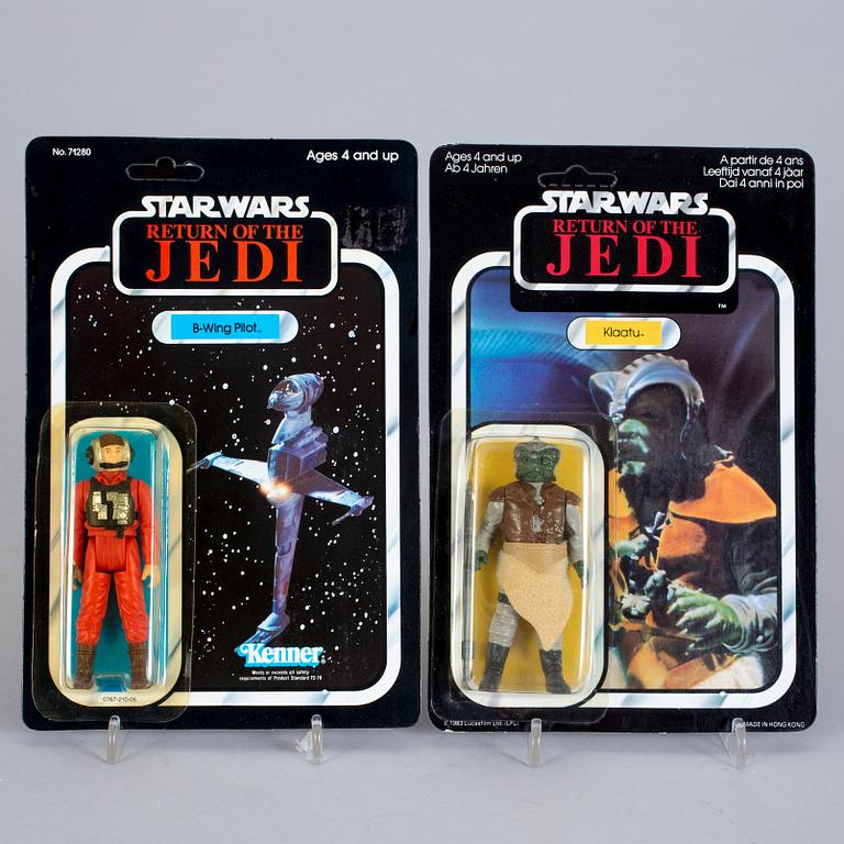 STAR WARS, 8 stycken actionfigurer i förpackning, Kenner och Palitoy, 1980-tal.