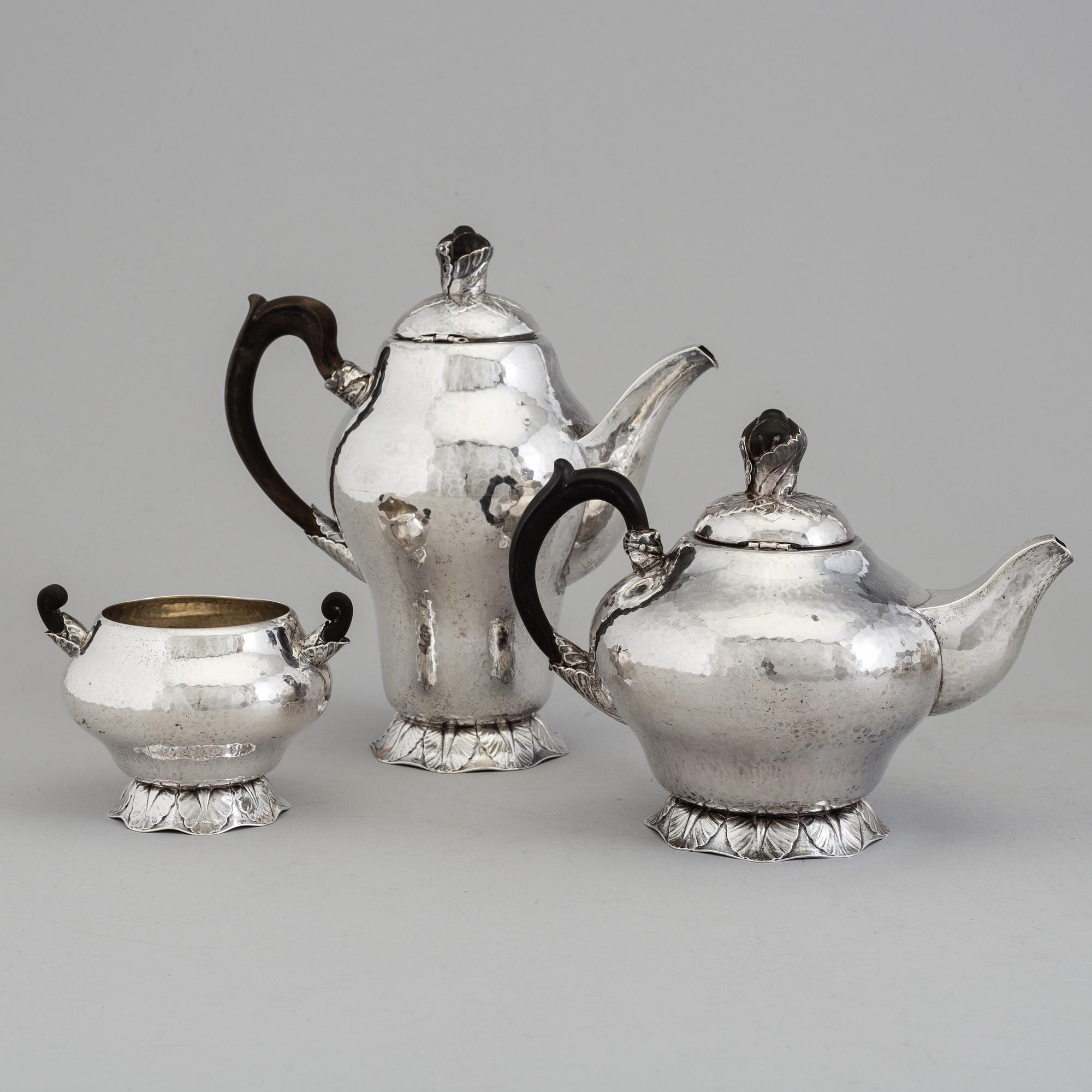 MOGENS BALLINS EFT, teservis, 3 delar, silver, jugend, Köpenhamn, efter Hans Peter Hertz övertagande (1908) ca. 1910.