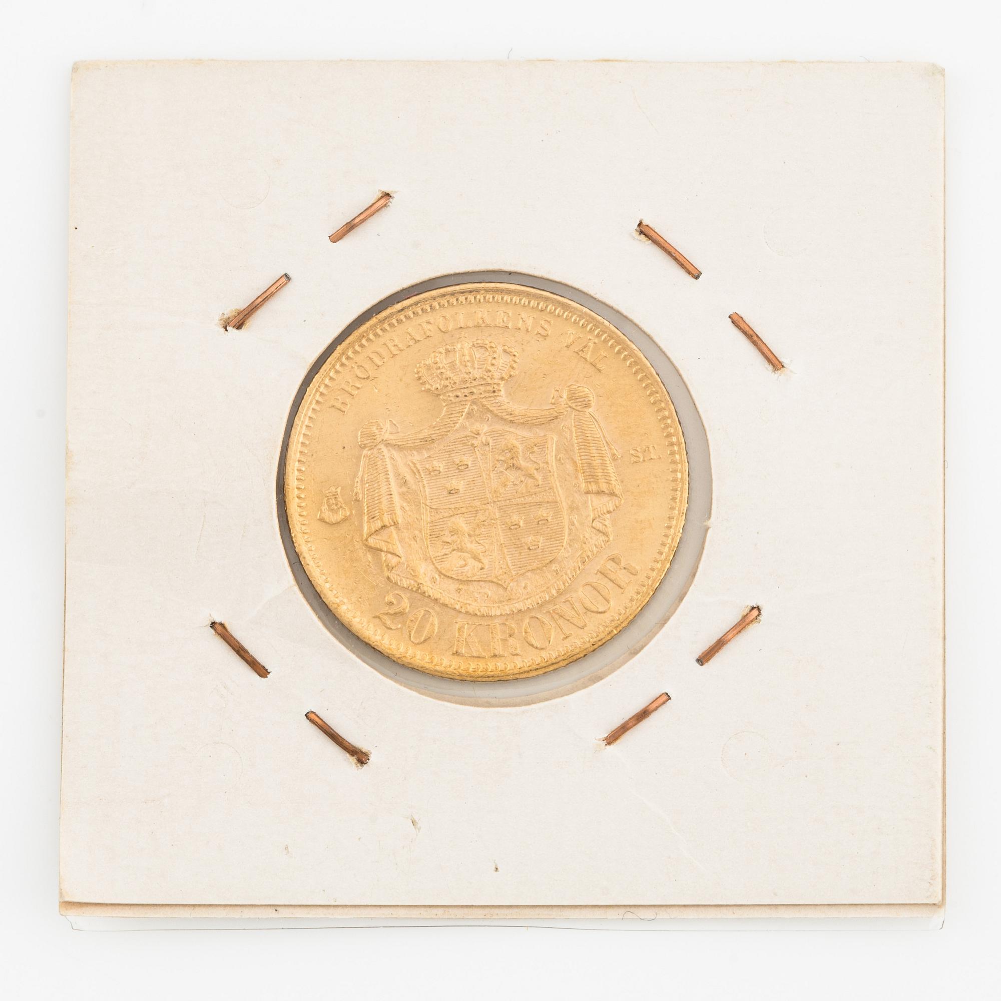 Oscar II, guldmynt, 20 kronor, 1875.