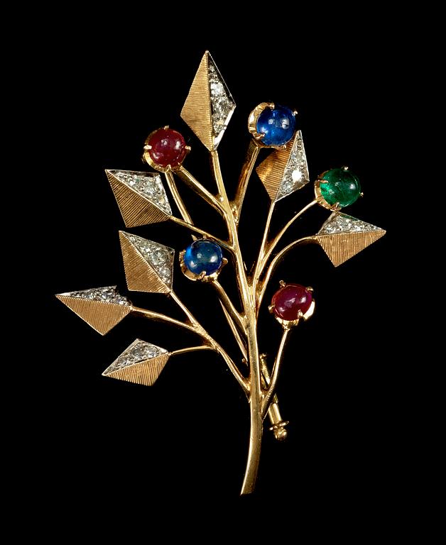 BROOCH, cabochon cut sapphires and rubies and eight cut diamonds, tot. app. 0.26 cys.
