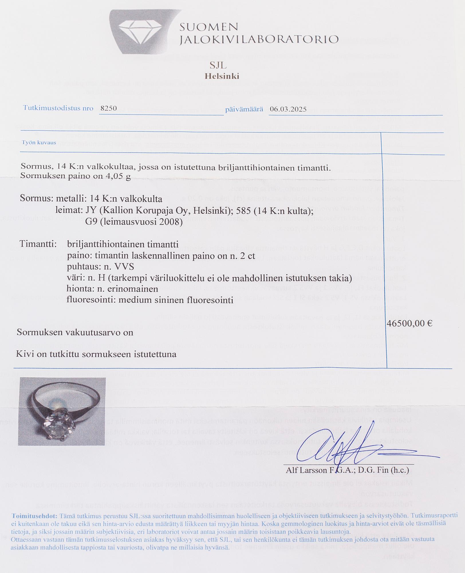 Ring, briljantslipad diamant, 14K vitguld, Kallion Korupaja, Helsingfors 2008.