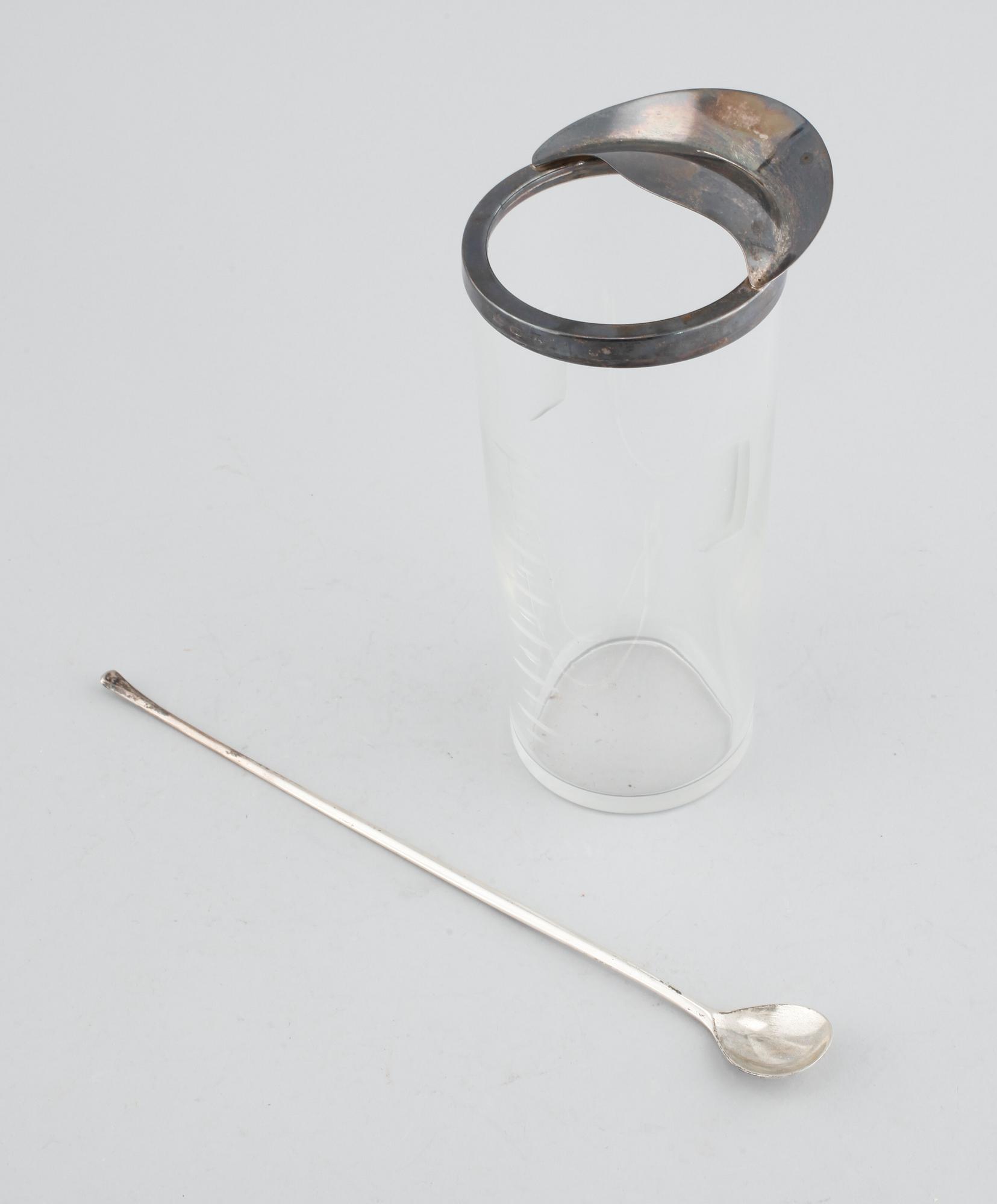 Cocktail jug and stirrer in glass and silver by Anton Michelsen, Denmark, mid/third quarter of the 20th century.