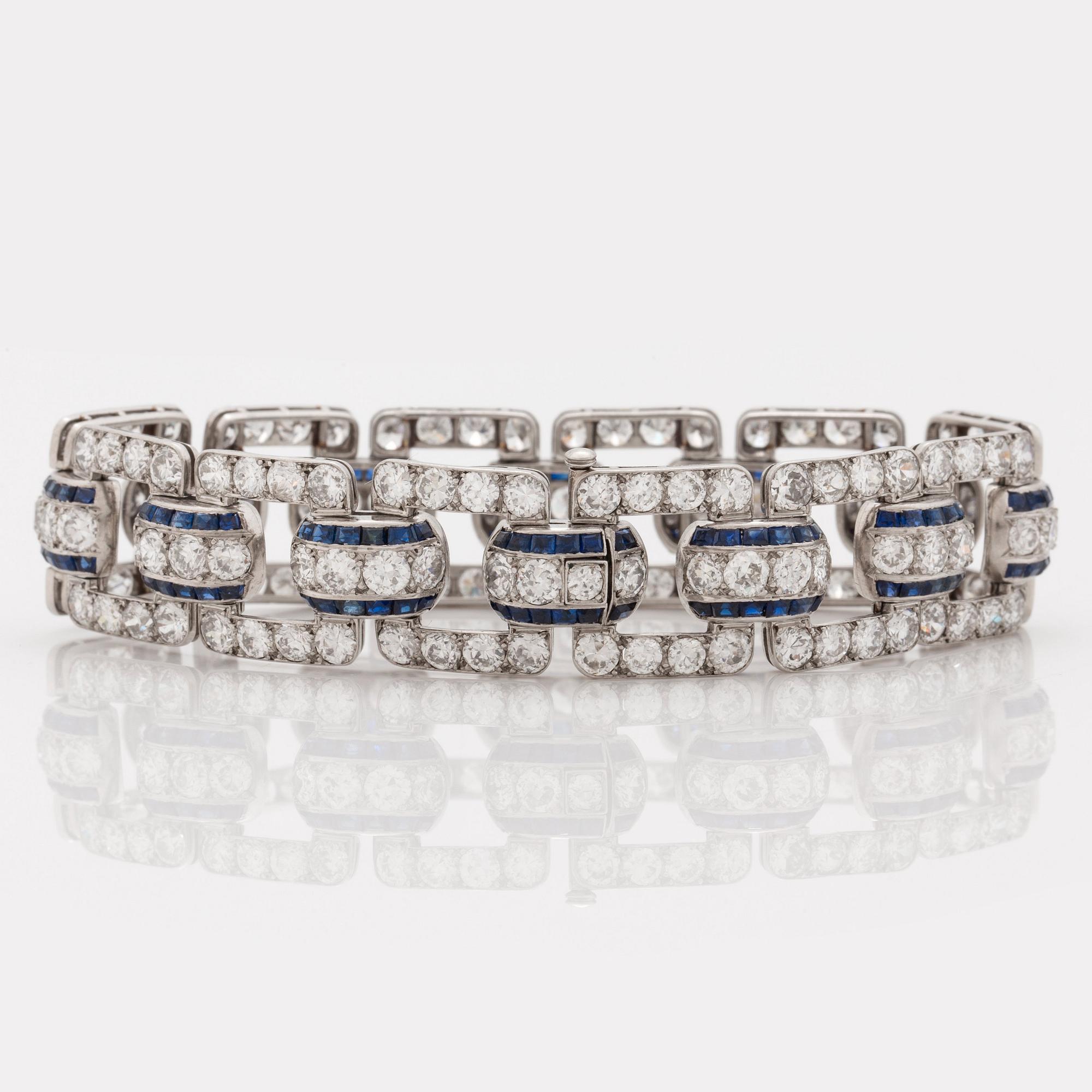 An Art Deco step cut sapphire and  old- cut diamond bracelet.