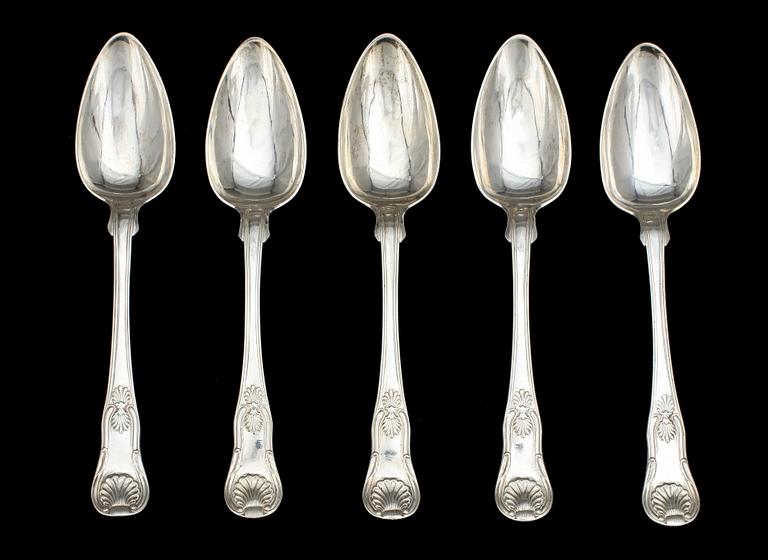 SKEDAR, 5 st, silver, "Engelsk snäck", A. Lundqvist, Stockholm 1835. Totalvikt 418 g.
