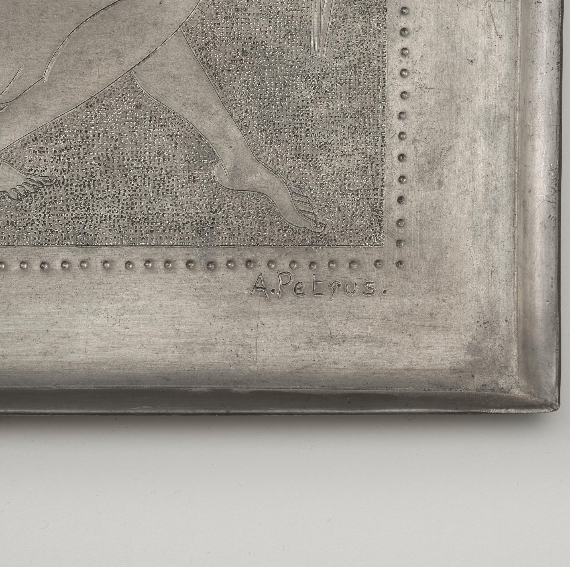 Anna Petrus, an engraved Swedish Grace pewter tray, Stockholm, early 1920's. this model was shown at The Paris Exhibition 1925.
