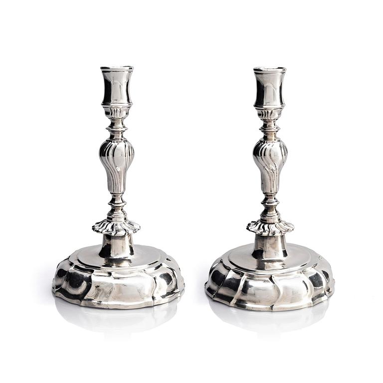 A pair of German 18th cenury silver candlesticks, marks of Johann Georg Rahm, Rostock circa 1770.