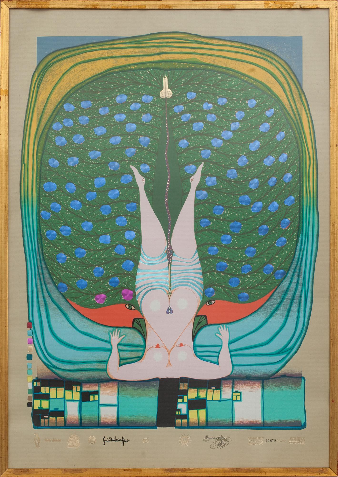 FRIEDENSREICH HUNDERTWASSER, färgserigrafi med metallprägling, stämpelsignerad och numrerad 3679/4200.