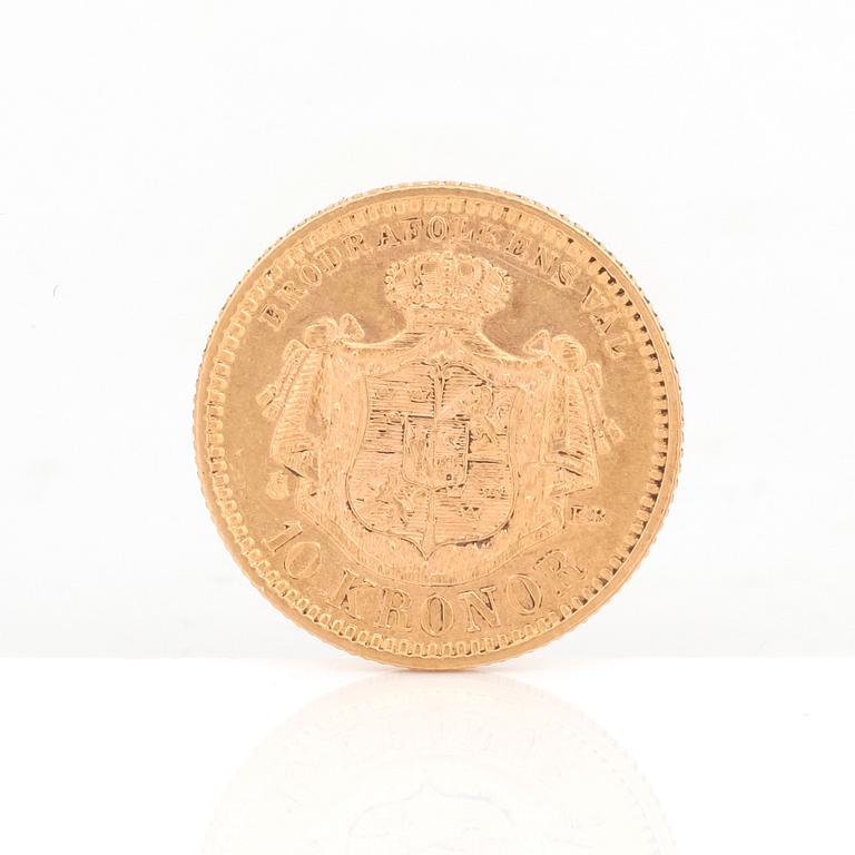 GULDMYNT, 10 kronor, Oscar II av Sverige och Norge 1876. Vikt ca 4,5 gram.
