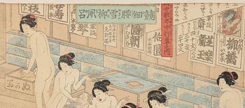 A Japanese woodblockprint by Utagawa Yoshiiku (1833-1904) 'Quarreling and Scuffling in Women's Bath-House', early 20th.