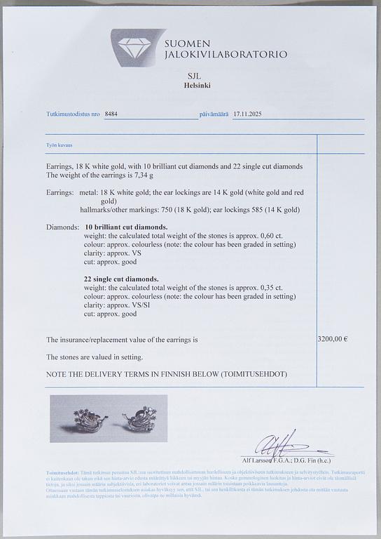 A pair of 18K white gold earrings with brilliant- and singlecut diamonds.